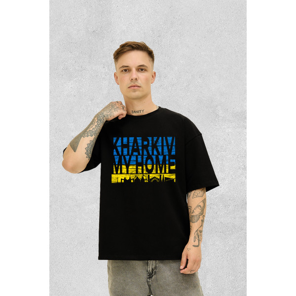 Футболка оверсайз щільна Kharkiv my home Чорна