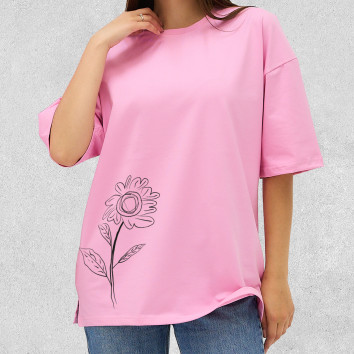 Футболка жіноча оверсайз щільна Квіточка Рожева